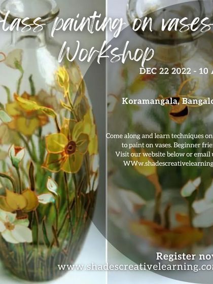 Our workshop announcement for painting on glass vases, a perfect way to create unique and functional home decor.