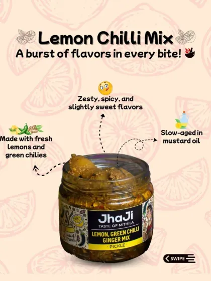 Our Lemon Chilli Mix offers a burst of flavours in every bite. Made with fresh lemons and green chillies, it's slow-aged in mustard oil for a zesty, spicy, and slightly sweet taste.