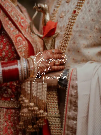 A creative detail shot focusing on the couple's hands, the bride's chooda, and the groom's kirpan, with their names elegantly overlaid.