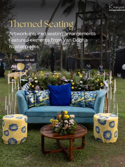 Themed seating at the Van Gogh-inspired Mehendi, with cushions and upholstery featuring elements from the artist's masterpieces.