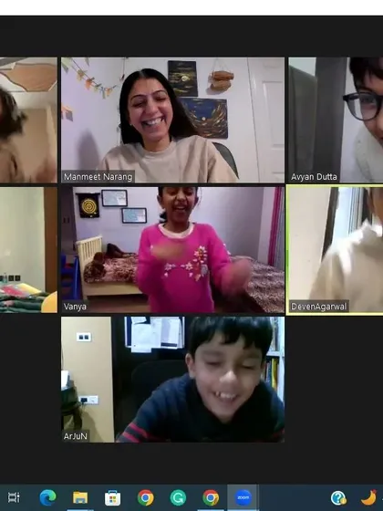Learning should be fun and full of movement, even on Zoom. Here, a group of kids are in their "monkey zone," expressing themselves with joyful energy during one of our creative writing sessions.