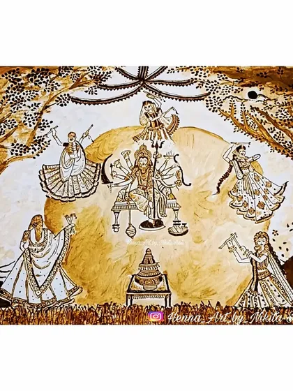 I love bringing the energy of Navratri to life through my art. This is a full henna painting capturing the joy of Garba, with Maa Durga at the center surrounded by dancers, celebrating the nine nights of devotion and dance.