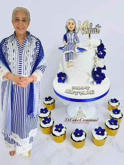 We love a personal challenge! For Nikhat ma'am from Aamir Khan's family, we created a custom cake that featured a hand-sculpted sugar figurine of her, perfectly matching her outfit for the day. This side-by-side view shows our commitment to personalized, detailed edible art that truly captures the person we're celebrating.