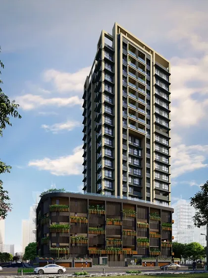 A rendering of our Jade Crest project in Matunga, showcasing a biophilic facade design. The building's podium is designed with integrated planters and vertical gardens, bringing nature into the urban fabric of the building itself.