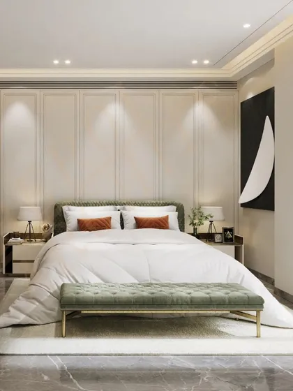 The front view of the bed showcases the elegant wall paneling and modern art, creating a balanced and artistic focal point.