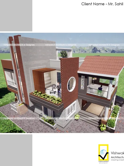A render of 'Kadam's House' from a different angle, showing how the unique roofline and material choices come together to create a striking modern home.