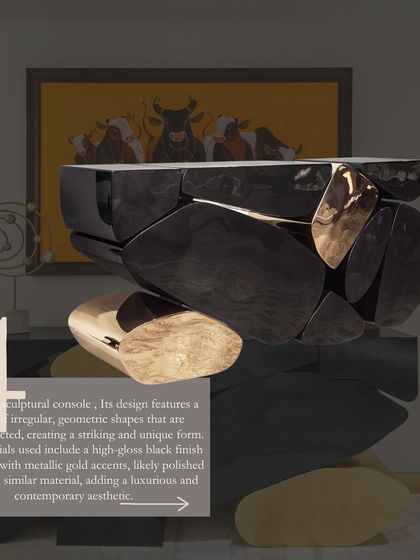 A modern sculptural console table featuring a series of irregular, geometric shapes in high-gloss black and polished brass. This piece is designed to be a striking and unique focal point.