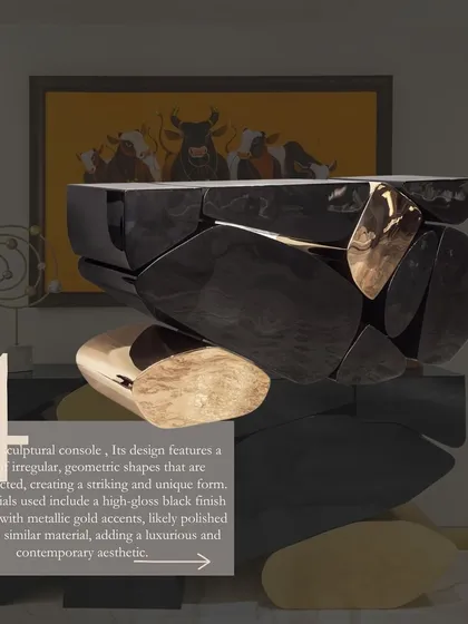 A modern sculptural console table featuring a series of irregular, geometric shapes in high-gloss black and polished brass. This piece is designed to be a striking and unique focal point.