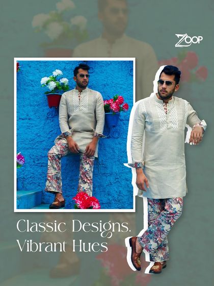 Where classic designs meet vibrant hues, the Jazbaat Collection celebrates tradition in every stitch. This look features a classic kurta with vibrant printed pants.