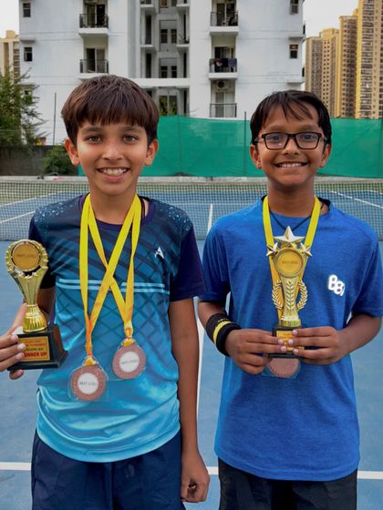 A SlamQuest final. Congratulations to Advay (winner) and Advik (runner-up) at the Talent Hunt Tennis Championship U-10 event. Both have been training diligently in our junior batch.