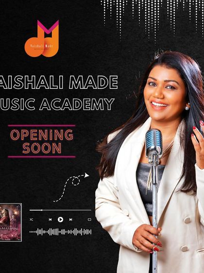 An "Opening Soon" announcement for the Vaishali Made Music Academy in Goregaon West. This graphic builds anticipation and encourages early registration to book a seat.