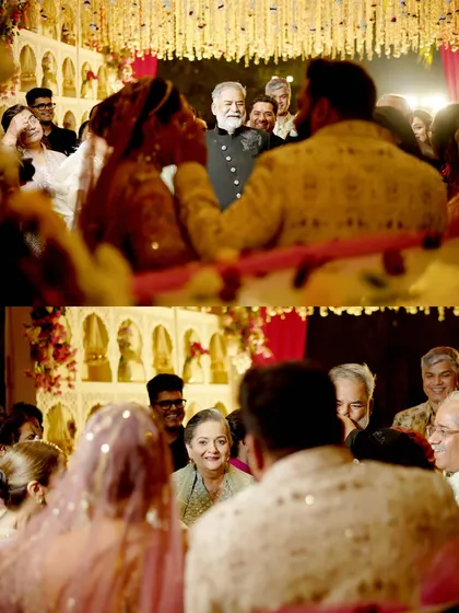 A candid shot from a wedding ceremony, showing the couple's interaction with their family members. Our photographers are always looking for these unposed moments that reveal the true atmosphere of the day.