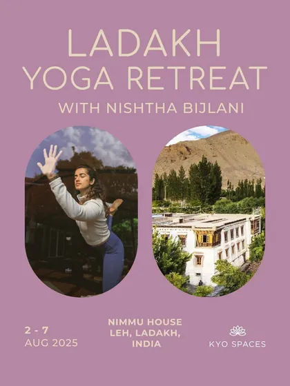 A promotional graphic for the Ladakh Yoga Retreat, combining images of my practice with the serene venue at Nimmu House.
