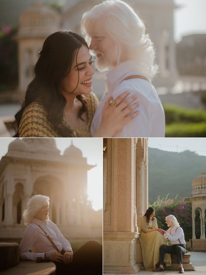 A collage of moments from a Jaipur pre-wedding shoot, showing a range of emotions from laughter to quiet contemplation. It highlights the variety of shots captured, from close-up portraits to relaxed, candid interactions.