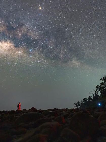 A group of photographers, including myself, shooting the Milky Way in the Andaman Islands. It highlights the collaborative and sometimes crowded nature of chasing the perfect night shot.