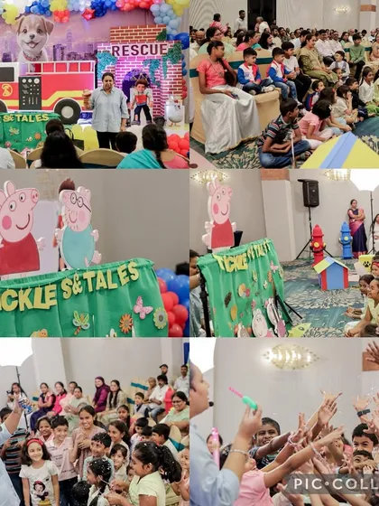 A collage from a lively Paw Patrol and Peppa Pig themed birthday party. You can see the kids are fully engaged, from watching the show to reaching for bubbles.