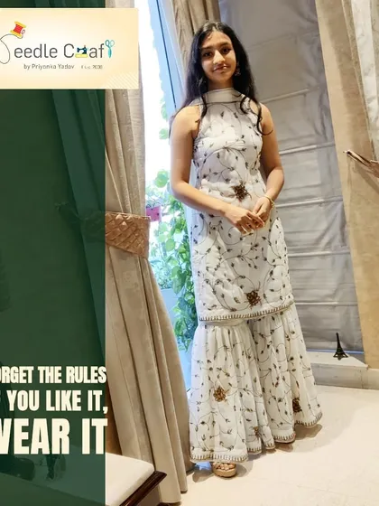 Upcycling can be incredibly modern and chic. For this client, I transformed an old saree into a stylish white gharara suit with a zero-neck top. It's a perfect example of how sustainable fashion can be fashion-forward.