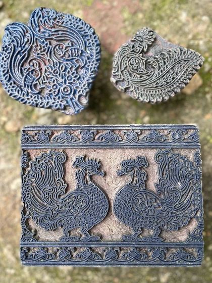 The peacock motif is celebrated throughout our vintage archive. As Bangalore revels in the monsoon, we celebrate this beautiful bird, which has been depicted in hundreds of styles on our blocks over the decades.