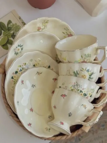 A beautiful collection of my English-style teacups and saucers with various floral patterns. These sets are perfect for hosting or for a special gift.