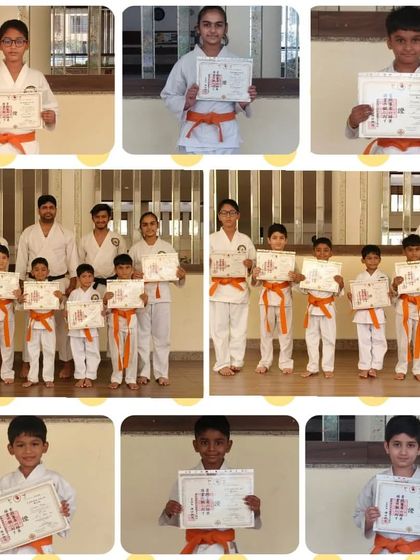 A collage celebrating our students who have earned their orange belts. Each picture captures the pride and sense of accomplishment that comes with advancing to a new rank.