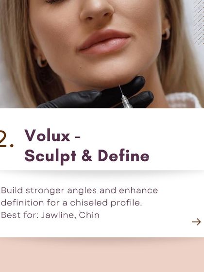 This graphic introduces Juvederm Volux, a filler specifically designed to sculpt and define the jawline and chin for a stronger, more chiseled profile.