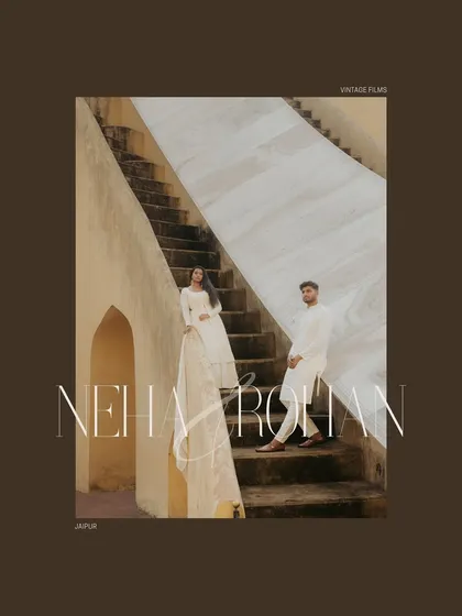 A stylish, magazine-cover-style portrait on the steps of a Jaipur monument. We design shots that are both timeless and fashionable for your pre-wedding album.