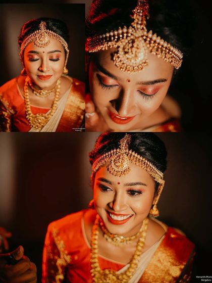 A trio of stunning bridal portraits under dramatic lighting, highlighting the intricate details of her temple jewelry and her radiant makeup.