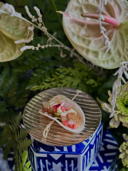A Crunchy Avocado Taco with herbed pico de gallo, presented on a small, clear plate. This bite-sized taco is fresh, zesty, and incredibly satisfying.