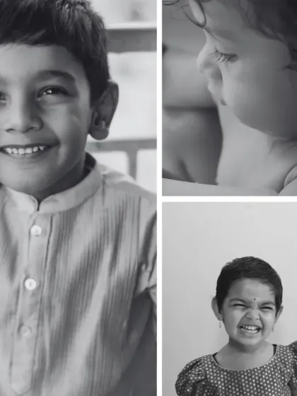 A black and white collage capturing the genuine smiles and expressions of different children. It highlights my passion for documenting the unique spirit of every child I photograph.