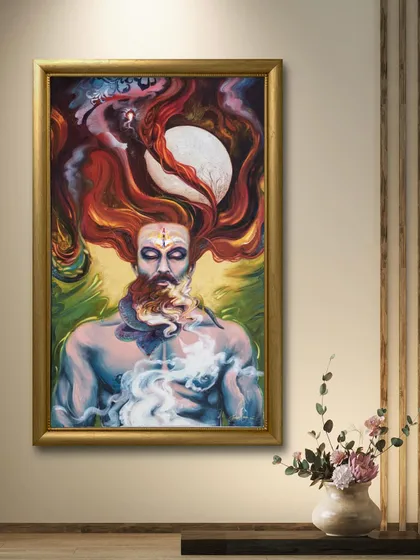 A custom painting of a meditating figure, designed to bring a sense of peace and introspection to a room. The vibrant, flowing hair represents the universe of thoughts and energies that surround us.