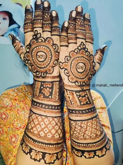 This baby shower design features a playful 'Boy' and 'Girl' theme within traditional mandala patterns. It combines classic mehandi art with a modern celebratory element.