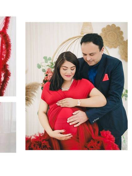 A classic couple's pose that beautifully highlights the baby bump. The partner's embrace from behind creates a sense of warmth and togetherness in this studio portrait.
