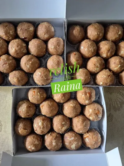 Multiple boxes of Gond Laddoos, also known as Dink Laddoos, ready for dispatch. These are energy-boosting and incredibly nutritious.