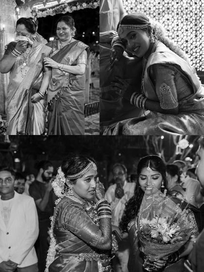 A collage of emotional and candid black and white moments from a South Indian wedding. It captures the tears, smiles, and loving glances that make the day special.
