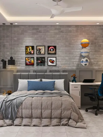 Another take on a kids' room, this design uses a grey brick wallpaper and a collection of framed superhero logos to create a cool, industrial vibe. The custom headboard includes a built-in desk for homework and creative projects.