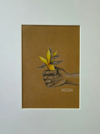 Titled 'With Champaka', this mixed-media drawing is part of a series focusing on hands. Here, a hand gently holds the fragrant flower, a simple gesture full of meaning.