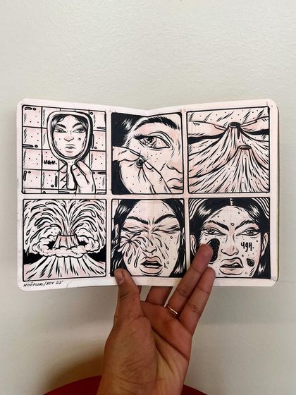 A six-panel comic-style drawing about squeezing a pimple, drawn in my sketchbook.