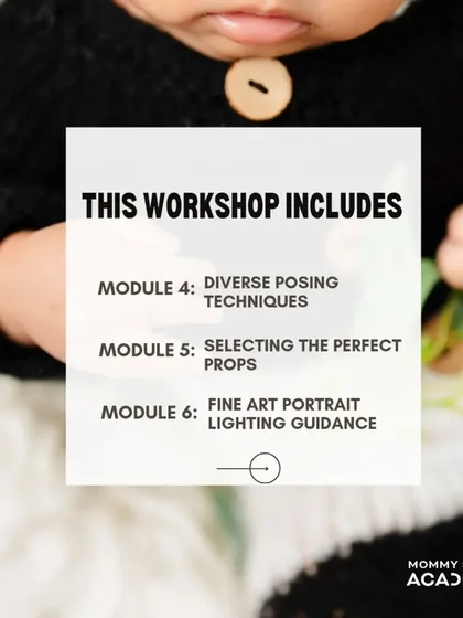 A list of modules included in the Newborn Photography Workshop.