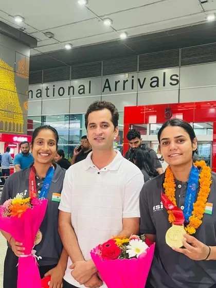 The joy of victory and the pride of representing India. Our champions Pooja and Khushboo with their gold medals at the airport arrival.