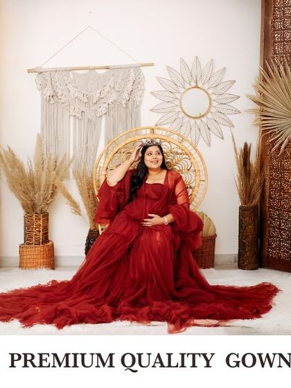 A beautiful portrait of a mom-to-be in a red gown, with a text overlay emphasizing the "Premium Quality Gowns" available for my clients.