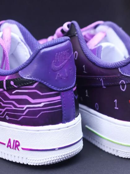 The heels of the hacker-themed custom, with more circuit patterns and binary code.