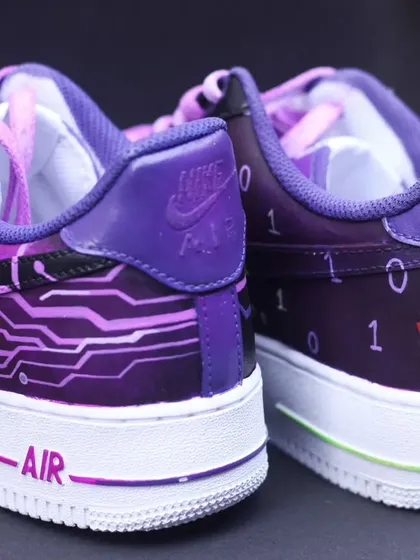 The heels of the hacker-themed custom, with more circuit patterns and binary code.