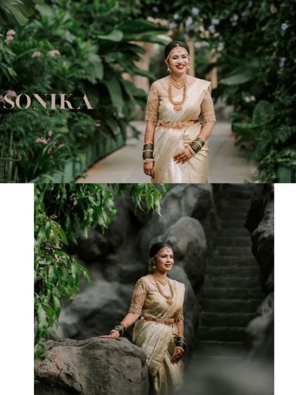 A collage of the bride, Sonika, at her resort wedding. The natural, green backdrops make her golden saree and radiant smile stand out beautifully.