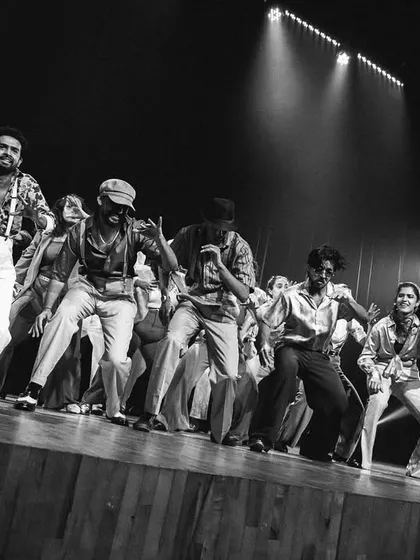 A timeless black and white shot of our funk and locking performance, highlighting the energy and movement.