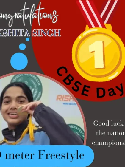 Lakshita Singh with her gold medal for the 200-meter freestyle at the CBSE North Zone Swimming Competition. A great start to the meet.