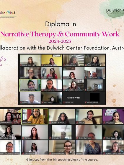 A screenshot from the fourth teaching block of our Narrative Therapy diploma. This session, facilitated by international experts, focused on engaging with the complexities of trauma discourses with care and mindfulness.