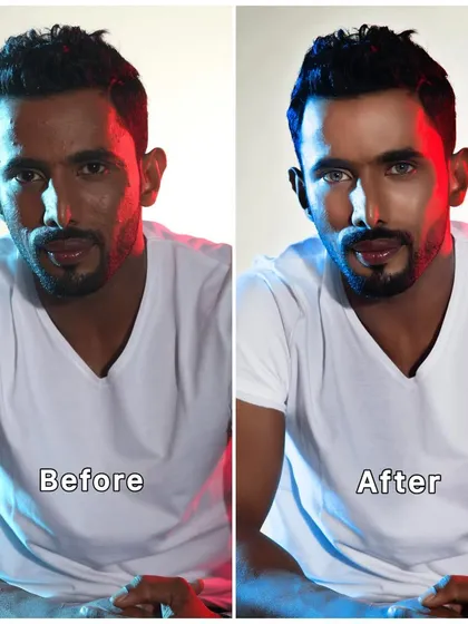 Before and after: This demonstrates creative color grading. I enhanced the dual-tone lighting and retouched the skin to create a high-impact, stylized portrait.