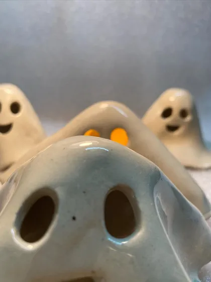 A close-up view of a ghost tea light holder. The simplicity of the shape is what makes them so charming.