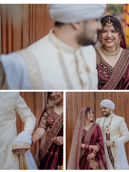 A collage of candid moments from a Sikh wedding, capturing the couple's smiles and interactions during the Anand Karaj ceremony.