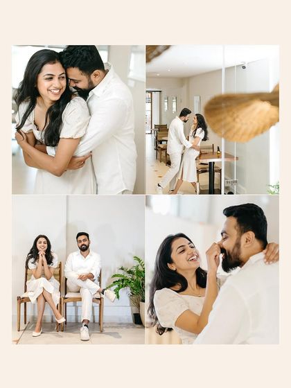 A duplicate of image 54, a beautiful collage from a minimalist indoor shoot, focusing on the couple's interactions.